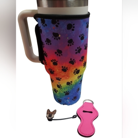 Rainbow Dog Paw Print Neoprene 40oz Tumbler Wrap German Shepherd Straw Topper - Picture 1 of 3